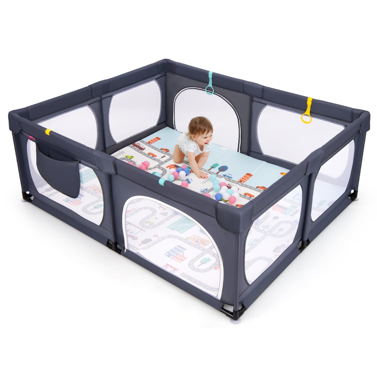 Baby Playpen with Safe Gate and Breathable Mesh-Dark Grey