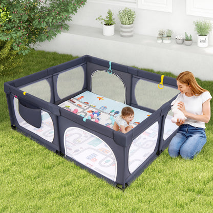 Baby Playpen with Safe Gate and Breathable Mesh-Dark Grey