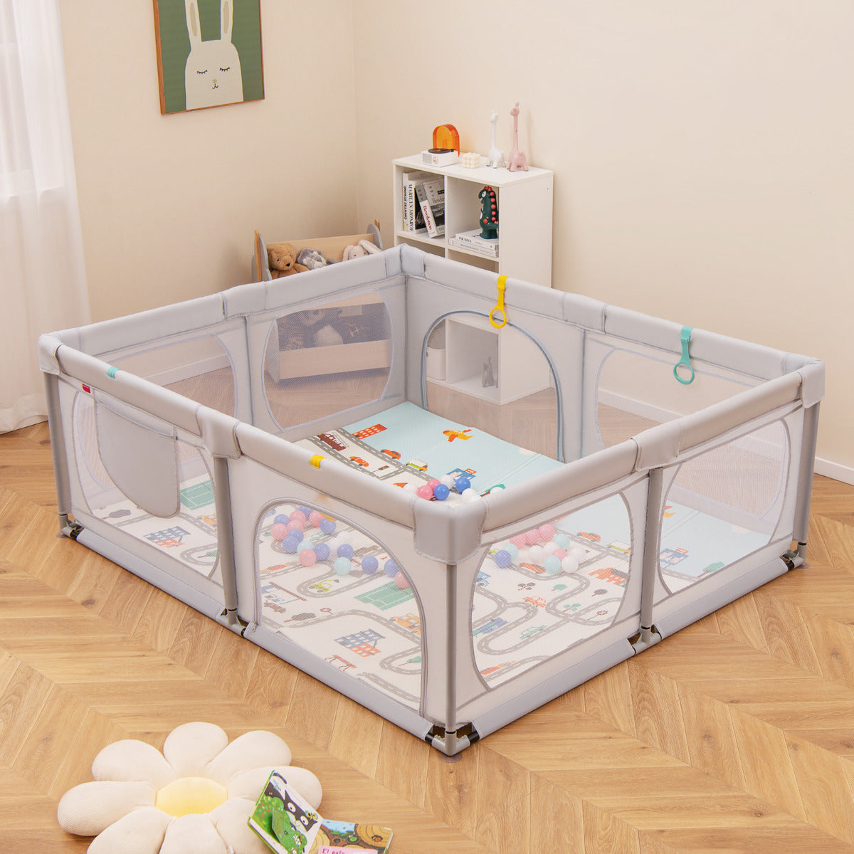 Baby Playpen with Safe Gate and Breathable Mesh-Light Grey