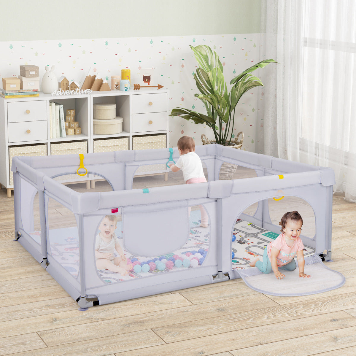 Baby Playpen with Safe Gate and Breathable Mesh-Light Grey