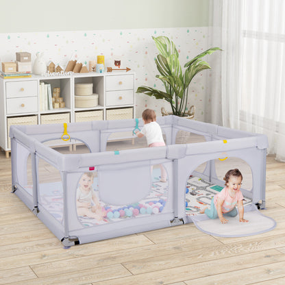 Baby Playpen with Safe Gate and Breathable Mesh-Light Grey