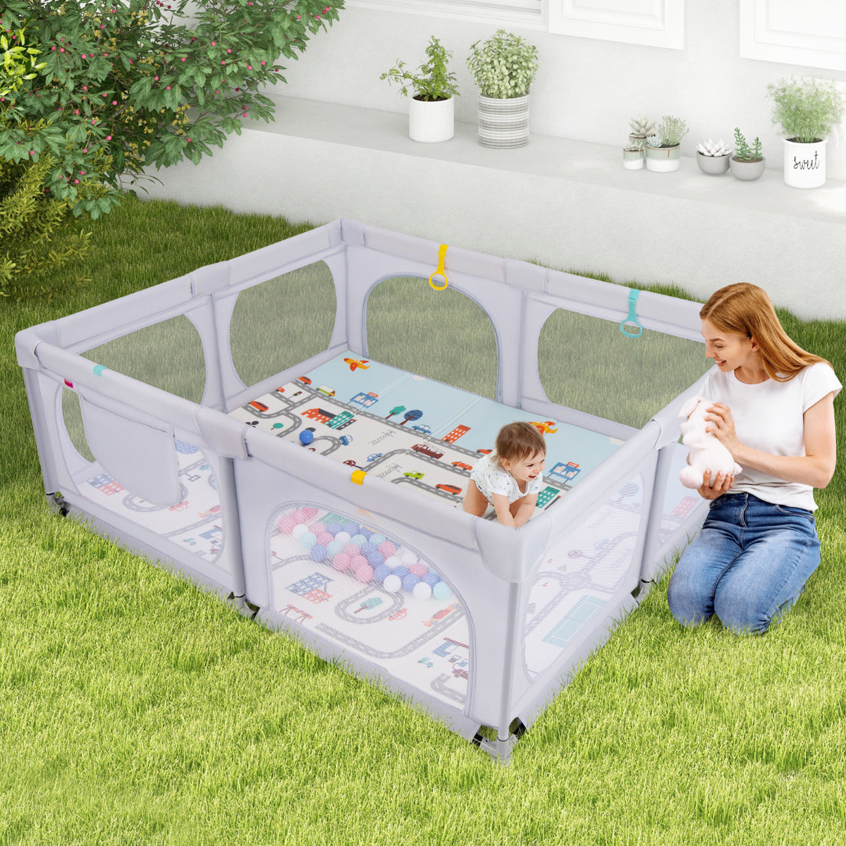 Baby Playpen with Safe Gate and Breathable Mesh-Light Grey