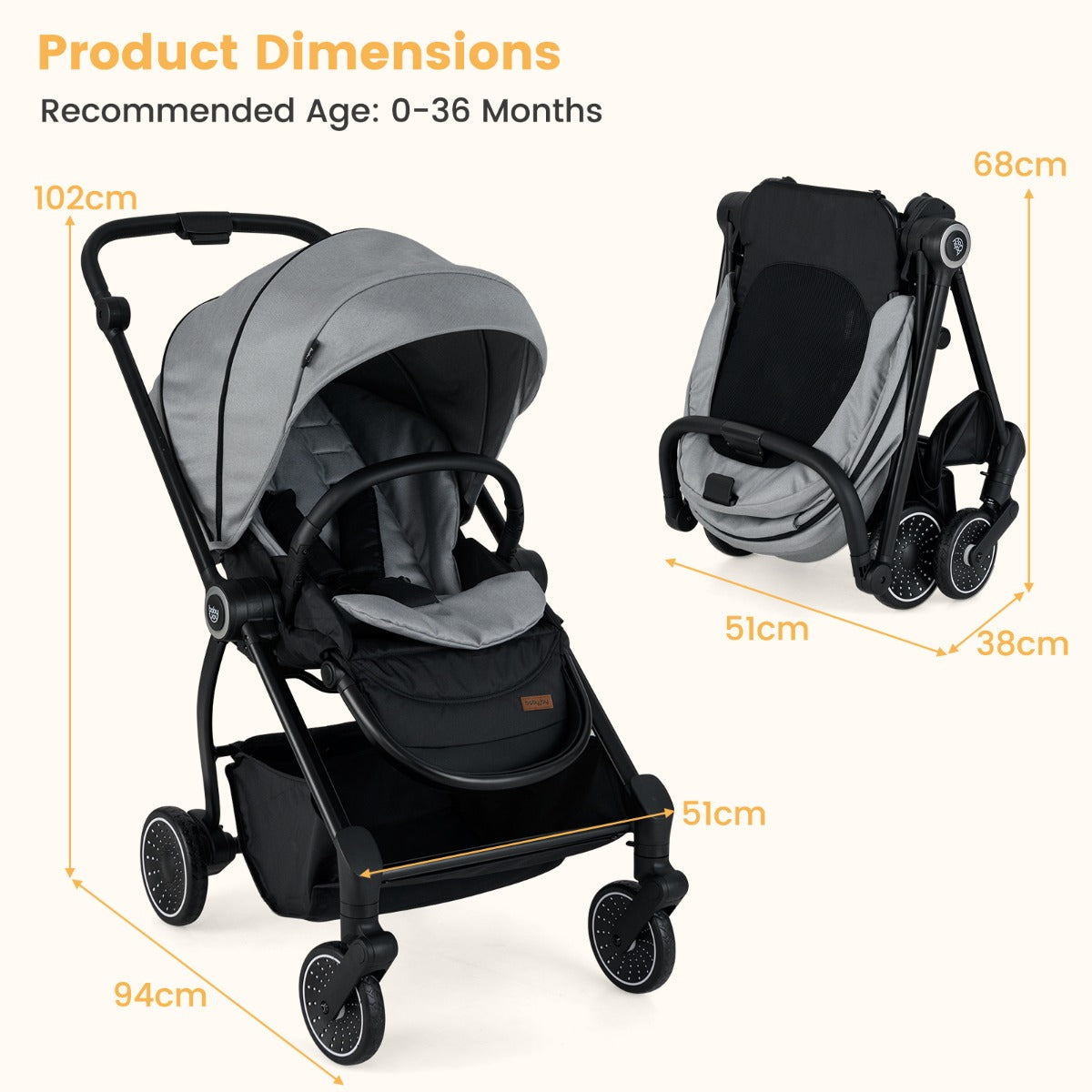 Baby Stroller with Reversible Seat Foldable Infant Pram Stroller-Grey