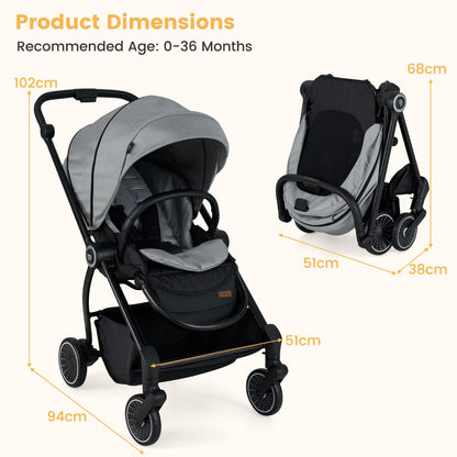 Baby Stroller with Reversible Seat Foldable Infant Pram Stroller-Grey