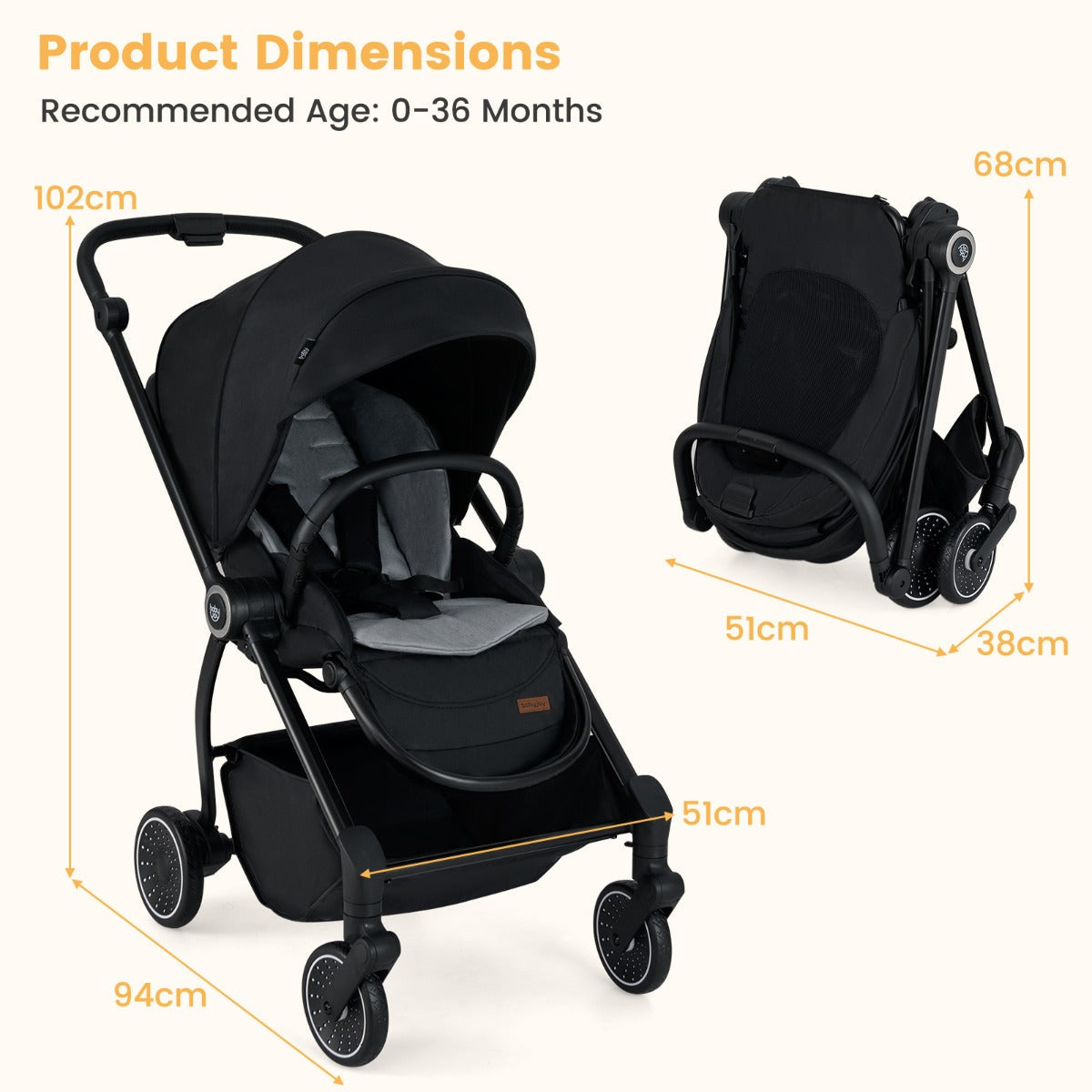 Baby Stroller with Reversible Seat Foldable Infant Pram Stroller-Black