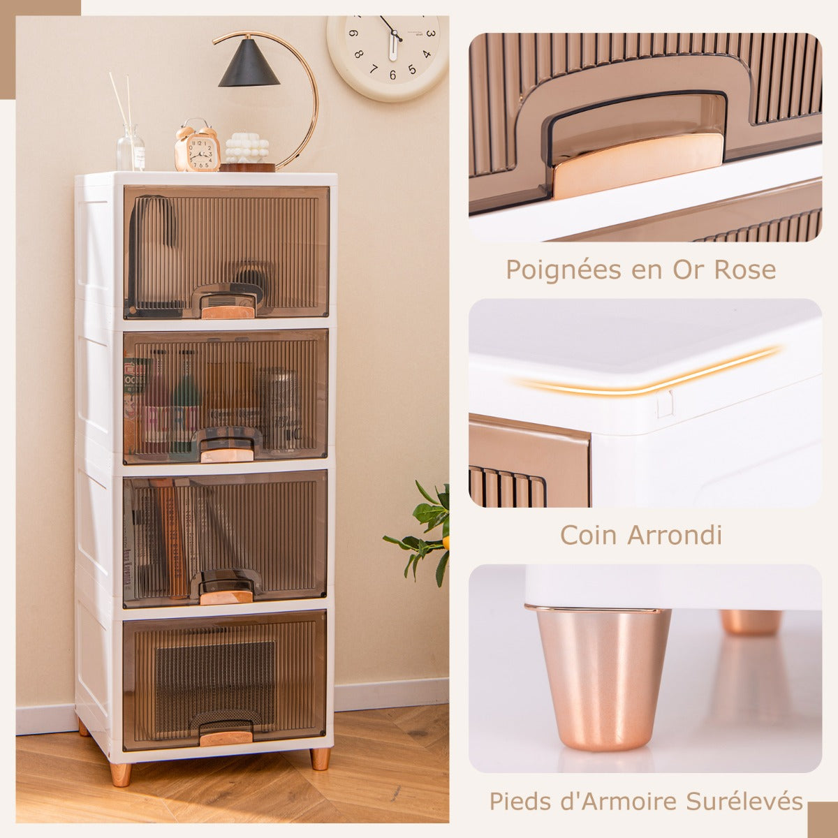 4-Tier Storage Bins Stackable Storage Containers with Magnetic Doors-White