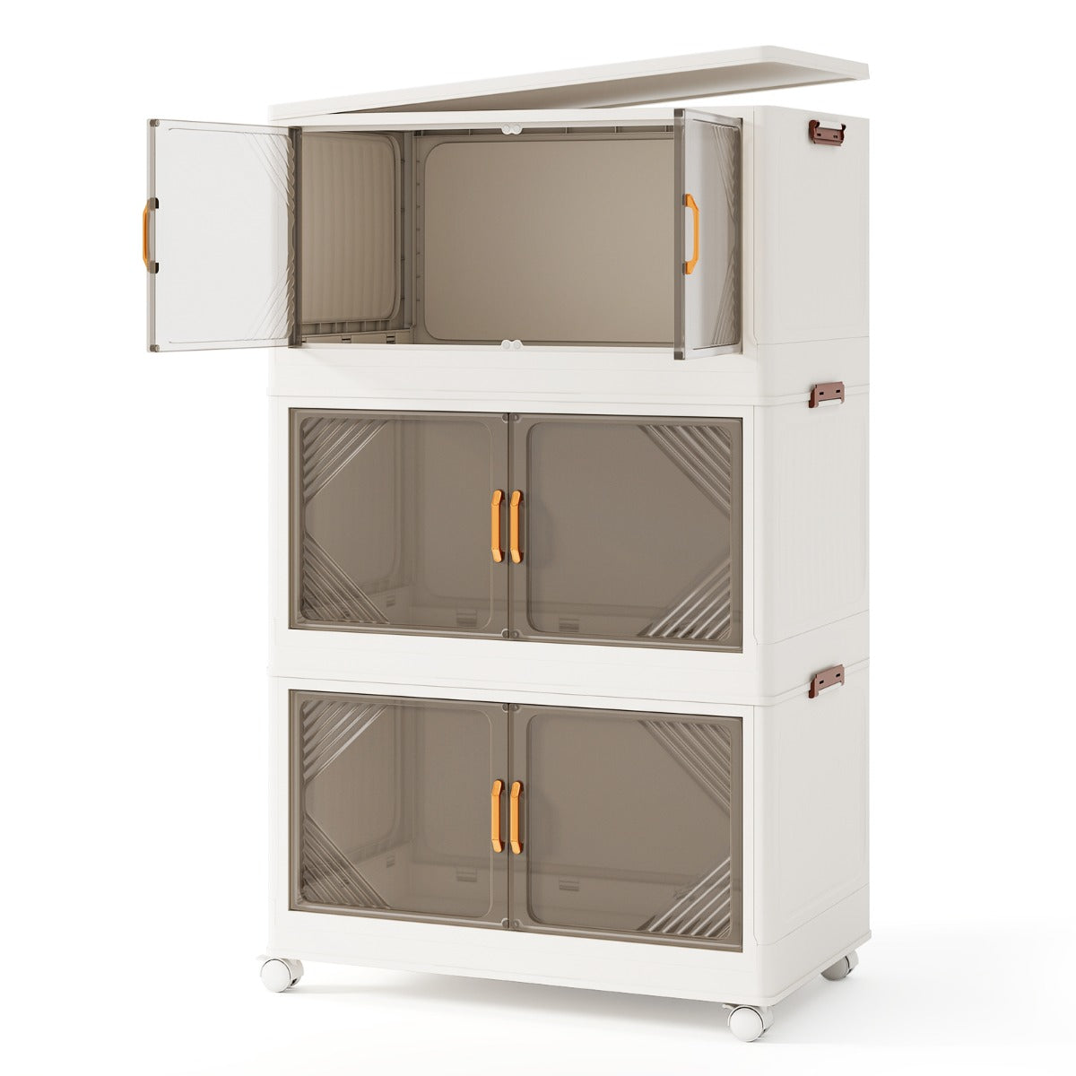 Stackable Storage Containers with Wheels and Doors for Bedroom-White-3-Tier