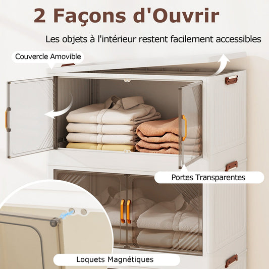 Stackable Storage Containers with Wheels and Doors for Bedroom-White-3-Tier