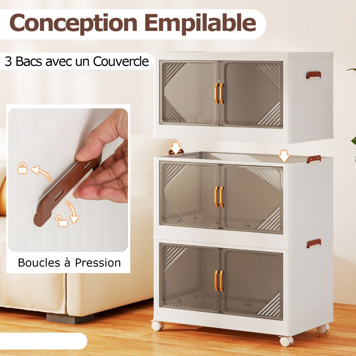 Stackable Storage Containers with Wheels and Doors for Bedroom-White-3-Tier