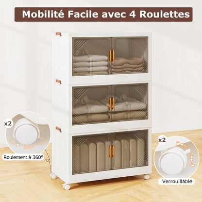 Stackable Storage Containers with Wheels and Doors for Bedroom-White-3-Tier