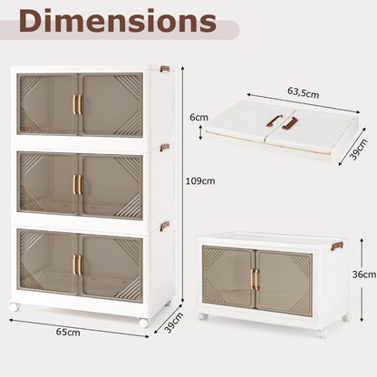 Stackable Storage Containers with Wheels and Doors for Bedroom-White-3-Tier