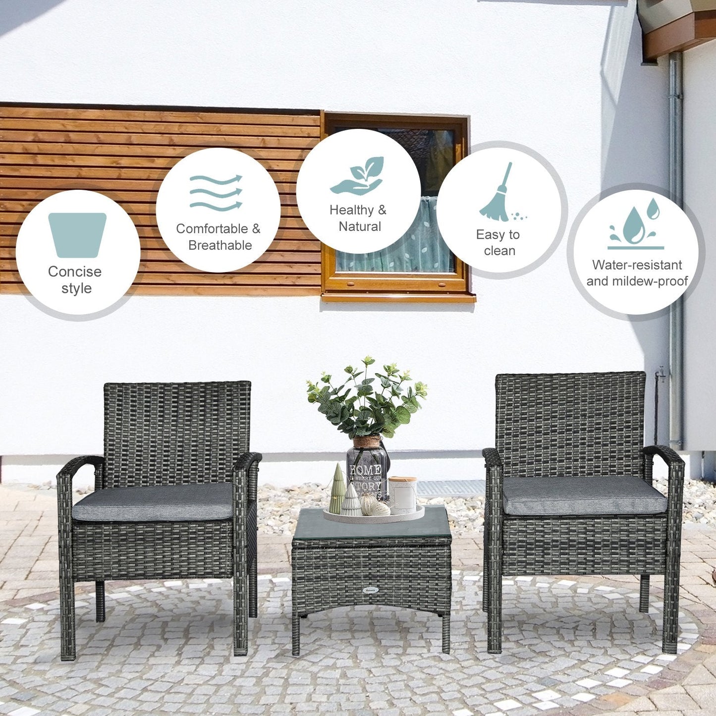 Outsunny 2 Seater Rattan Bistro Set Outdoor Wicker Sofa Chair Coffee Table Set Garden Patio Furniture w/ Cushion - Grey