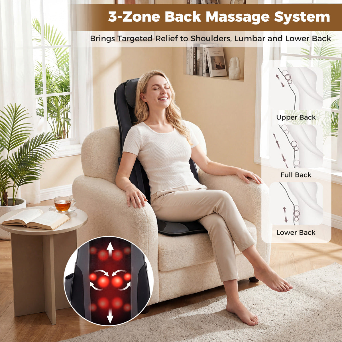 Back Massager with Heat Shiatsu Massage Chair Pad with 4 Kneading Rolling Nodes and 2 Vibrating Motors-Grey