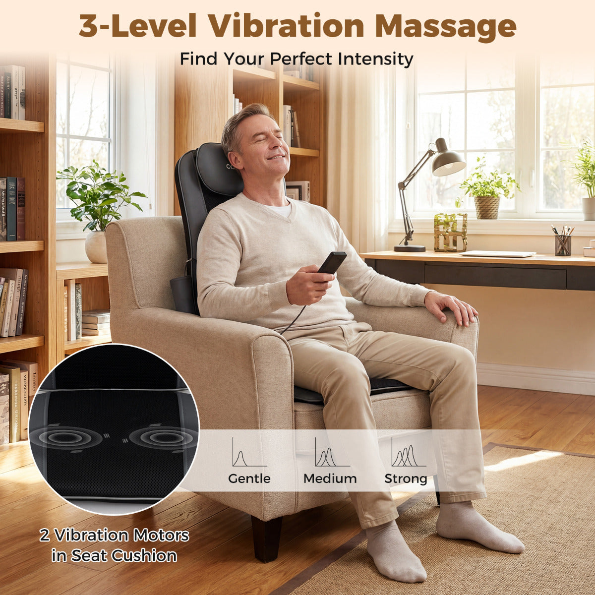 Back Massager with Heat Shiatsu Massage Chair Pad with 4 Kneading Rolling Nodes and 2 Vibrating Motors-Grey