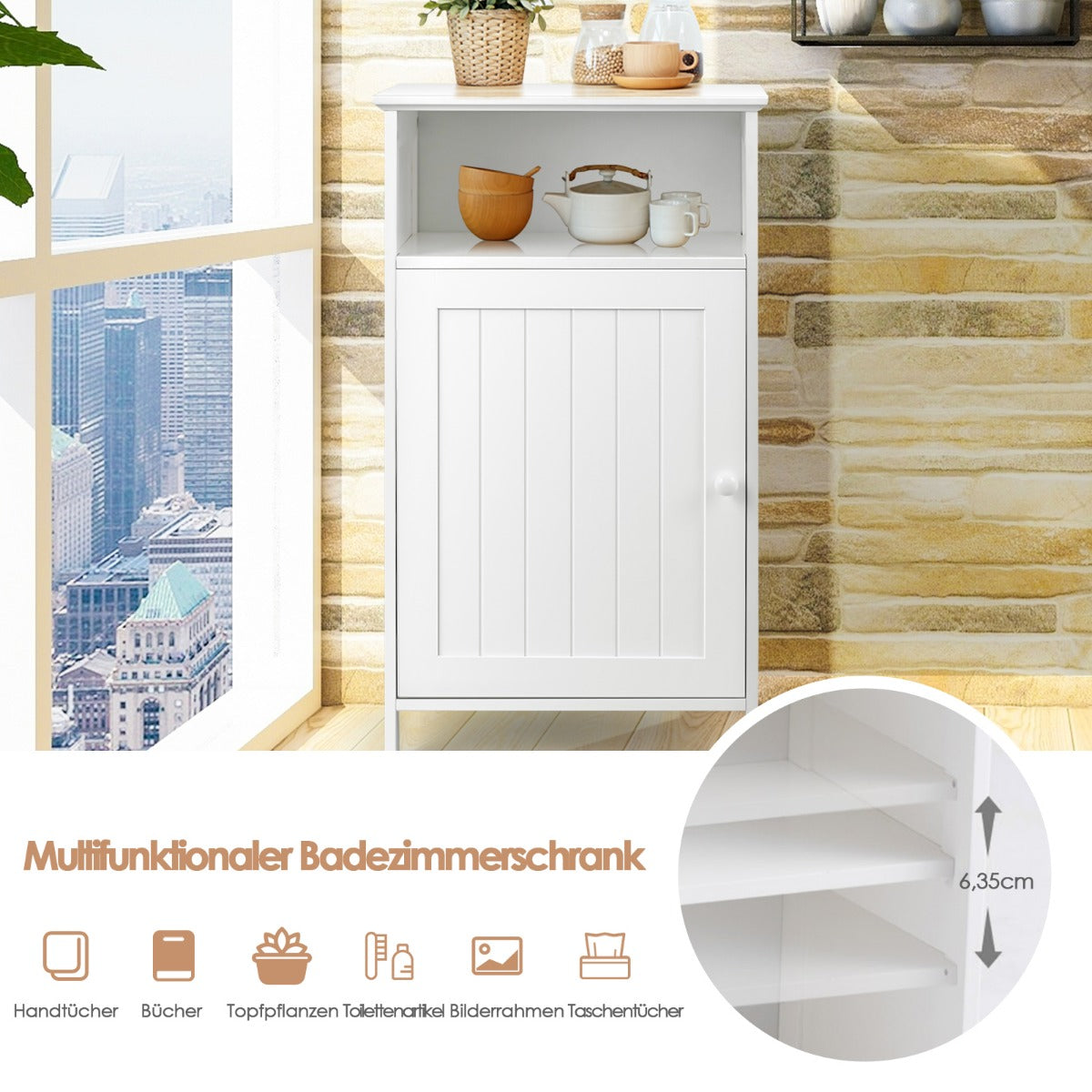 Bathroom Freestanding  Adjustable Shelf Floor Storage Cabinet-White