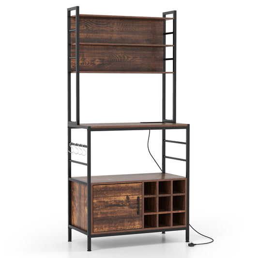 Bakers Rack with Power Outlet and Heavy-Duty Metal Frame-Reddish Brown