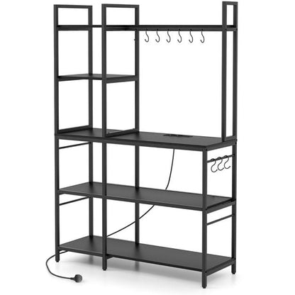 Bakers Rack with Power Outlets and 10 S-Shaped Hooks-Black