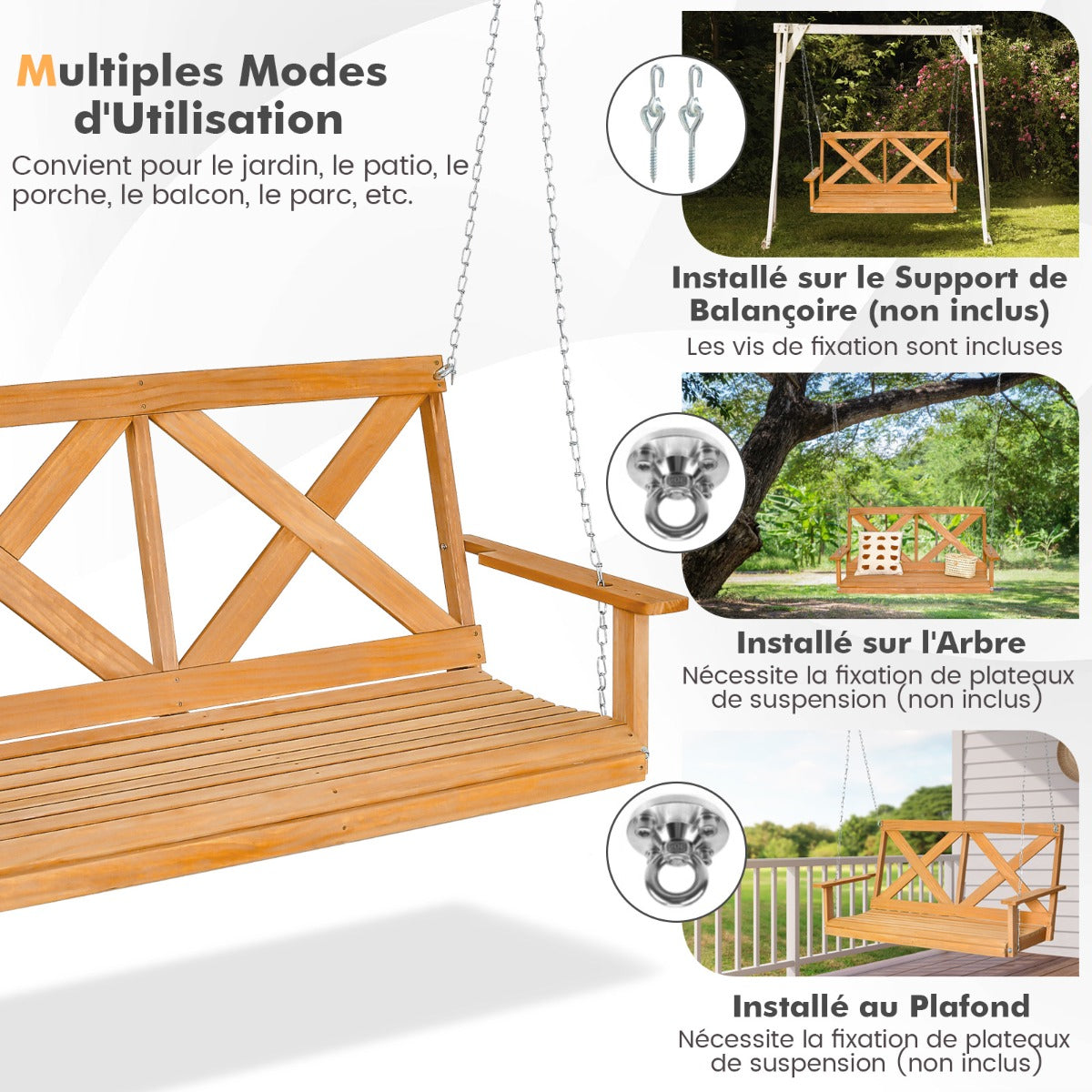 2-Person Porch Swing Chair with Adjustable Chains-Natural