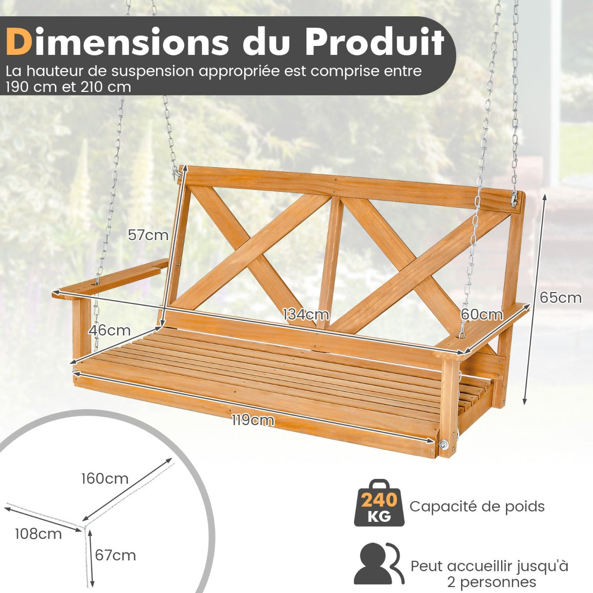 2-Person Porch Swing Chair with Adjustable Chains-Natural