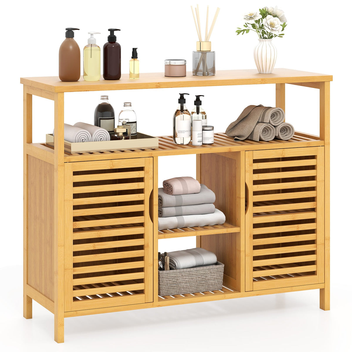 Bamboo Bathroom Cabinet 2-Door Storage Organizer with Shelves-Natural