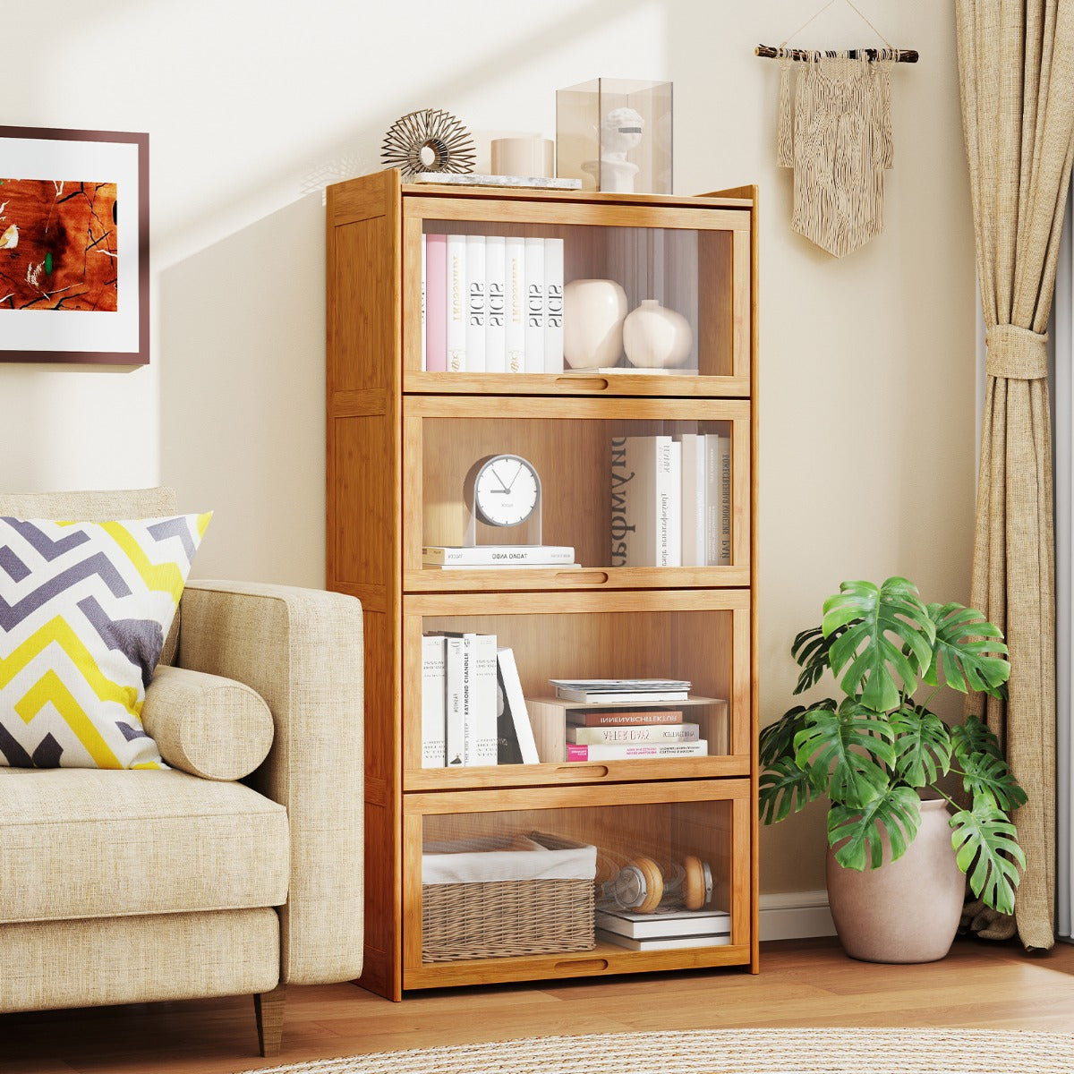 Bamboo Bookshelf with See-through Acrylic Doors-Natural