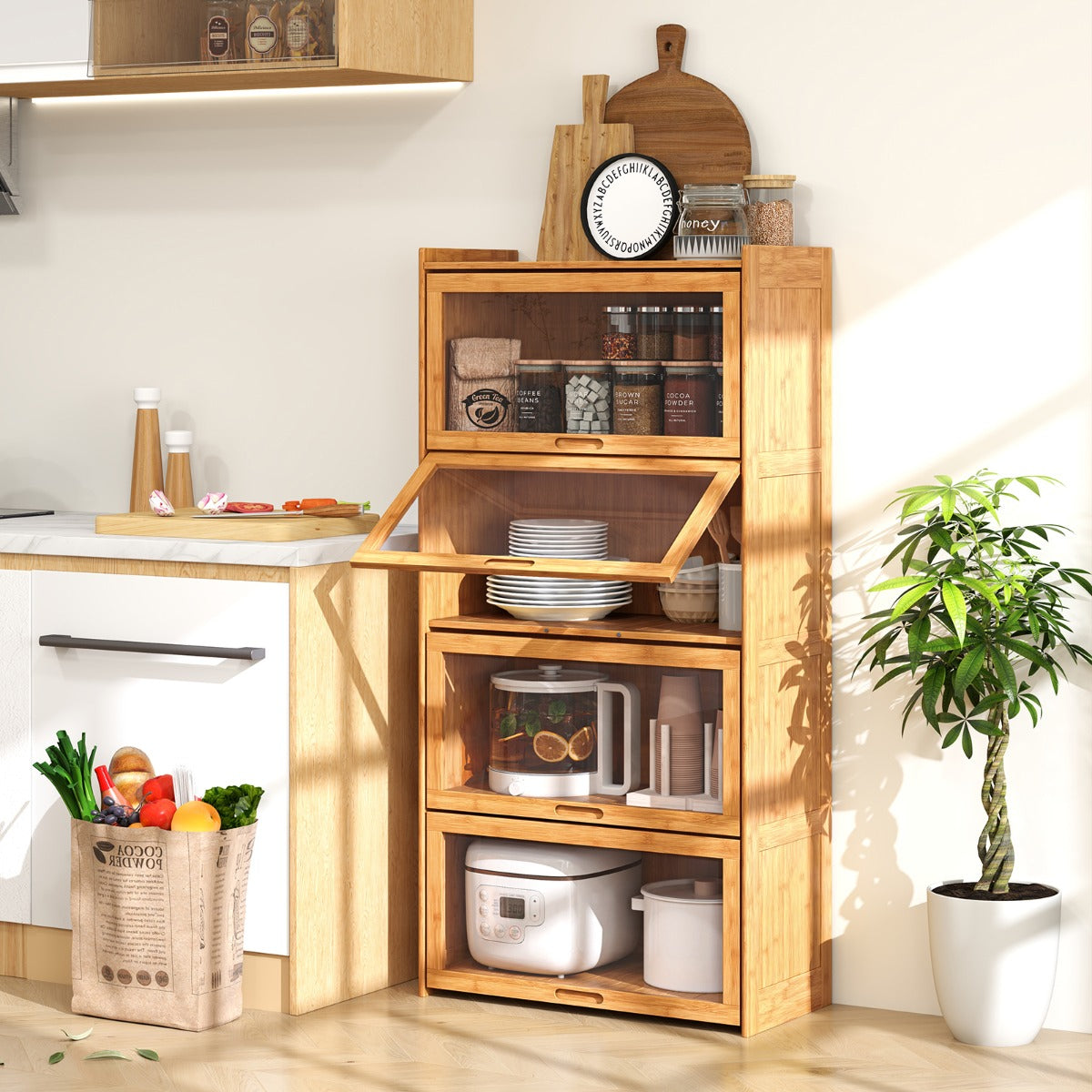 Bamboo Bookshelf with See-through Acrylic Doors-Natural