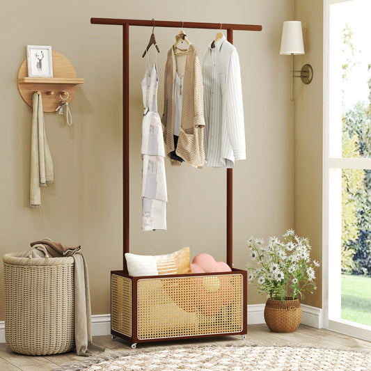 Bamboo Clothes Rack 2-In-1 Clothing Hanging Rail-Brown
