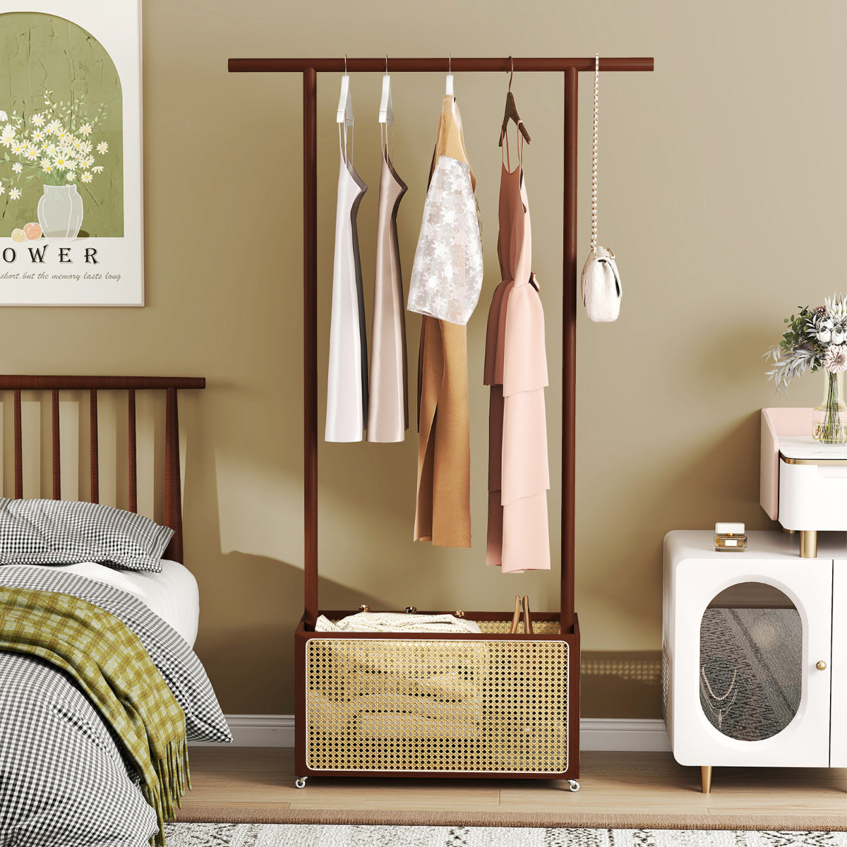 Bamboo Clothes Rack 2-In-1 Clothing Hanging Rail-Brown