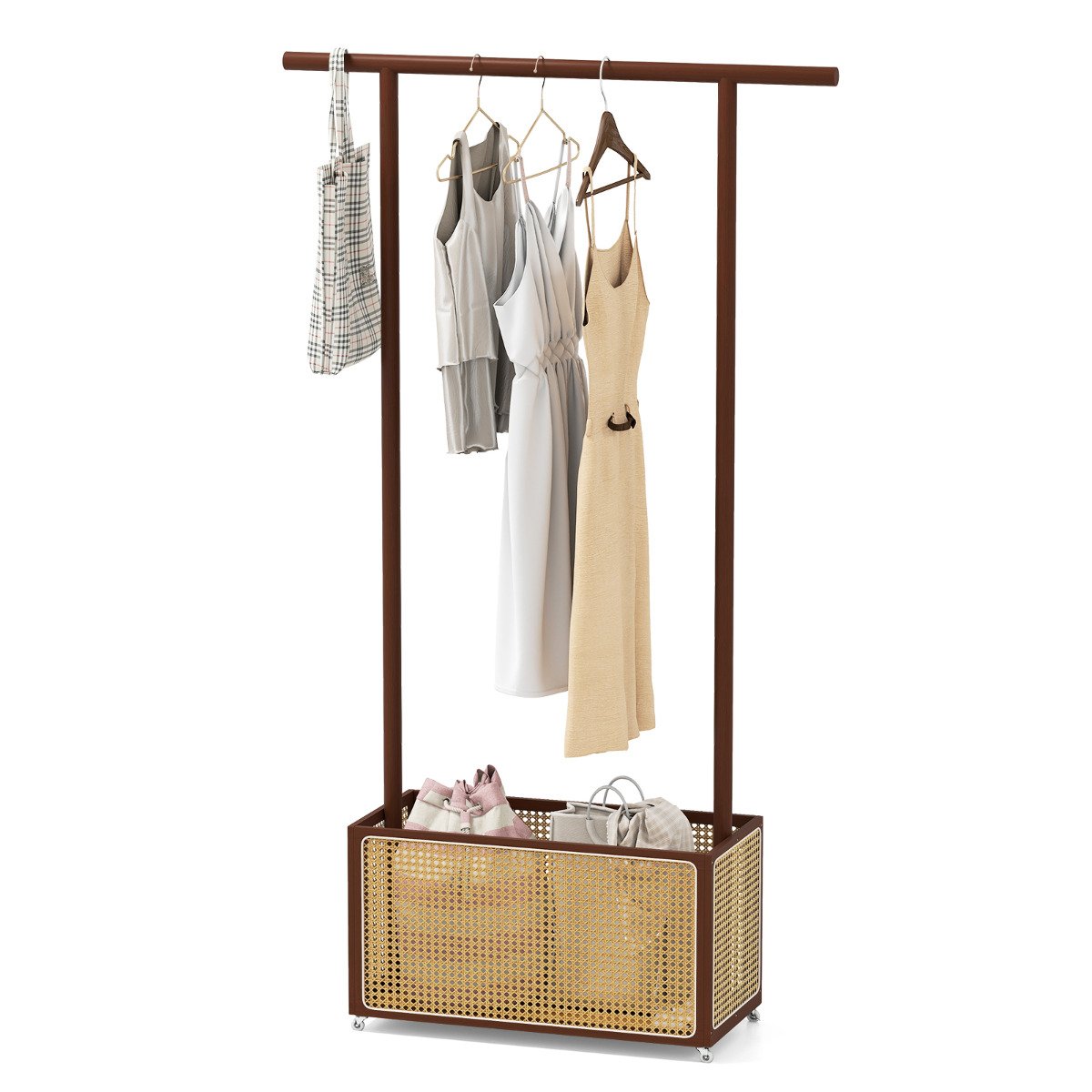 Bamboo Clothes Rack 2-In-1 Clothing Hanging Rail-Brown
