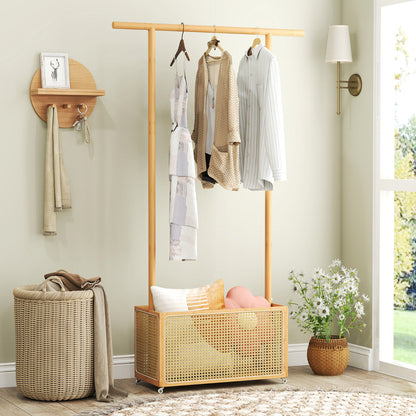 Bamboo Clothes Rack 2-In-1 Clothing Hanging Rail-Natural