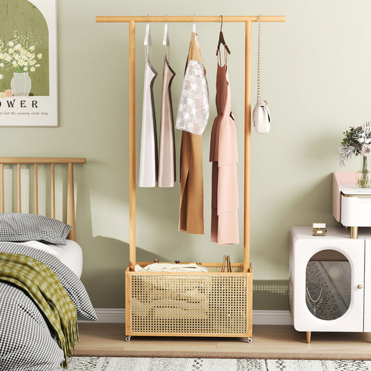 Bamboo Clothes Rack 2-In-1 Clothing Hanging Rail-Natural
