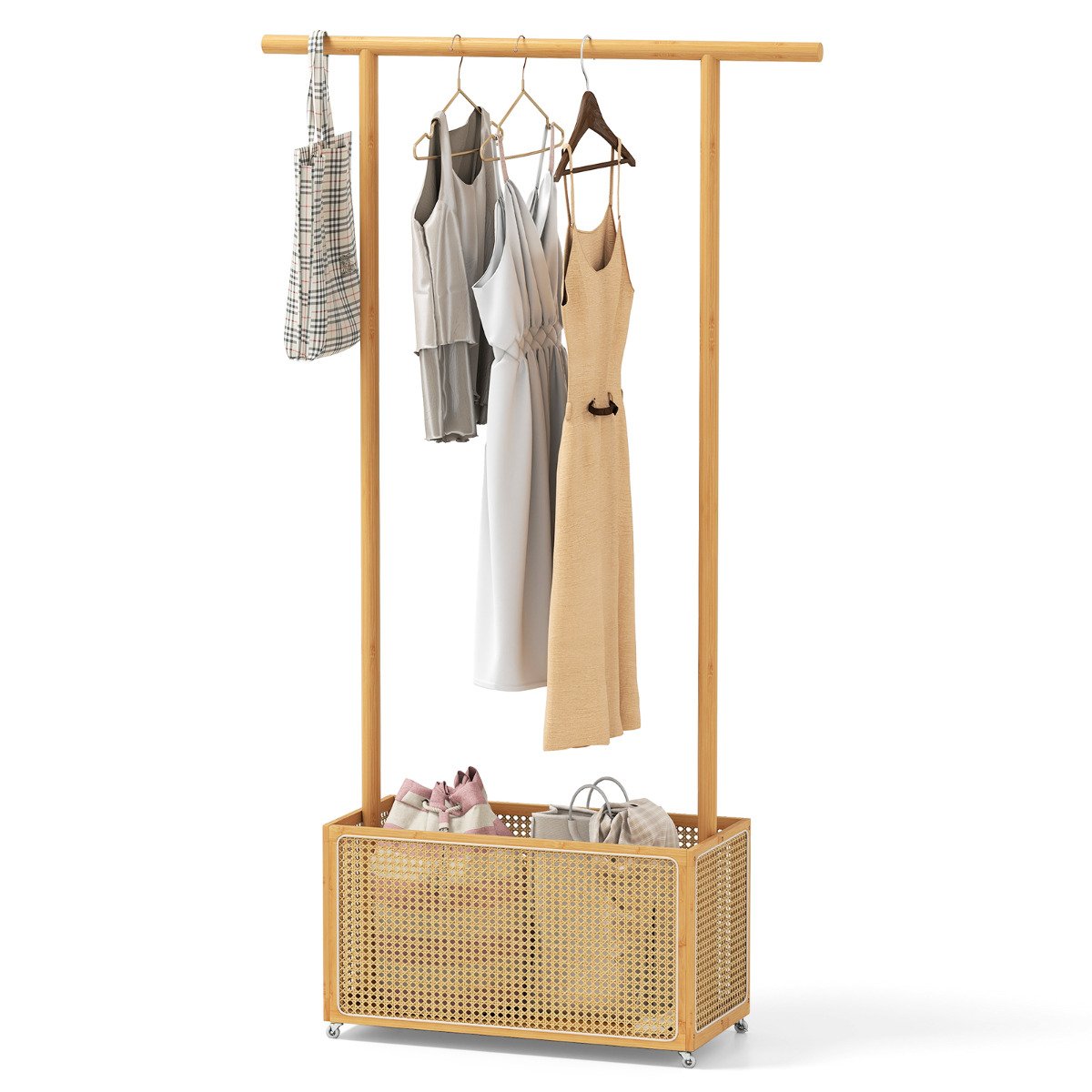 Bamboo Clothes Rack 2-In-1 Clothing Hanging Rail-Natural