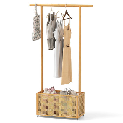 Bamboo Clothes Rack 2-In-1 Clothing Hanging Rail-Natural