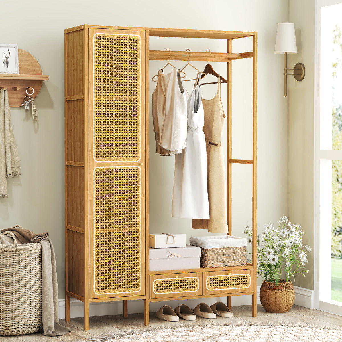 Bamboo Clothing Rack with Cabinet and Hanging Rod-Natural