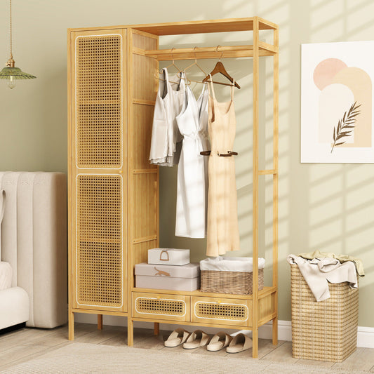 Bamboo Clothing Rack with Cabinet and Hanging Rod-Natural