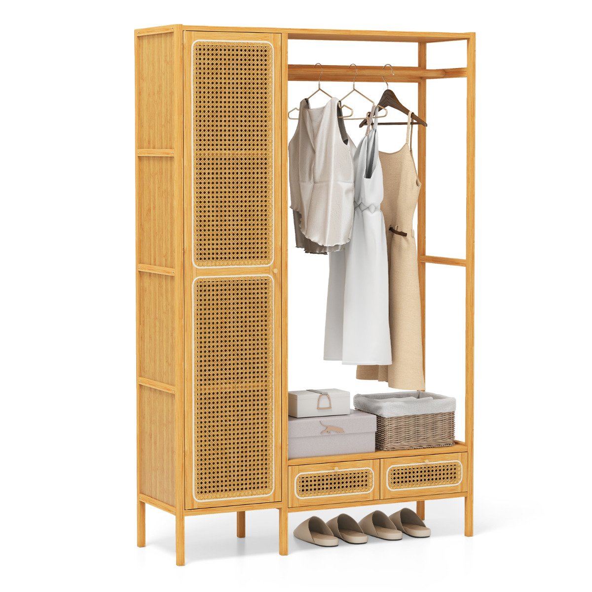 Bamboo Clothing Rack with Cabinet and Hanging Rod-Natural