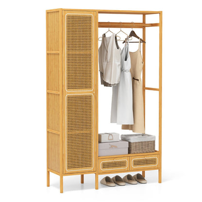 Bamboo Clothing Rack with Cabinet and Hanging Rod-Natural