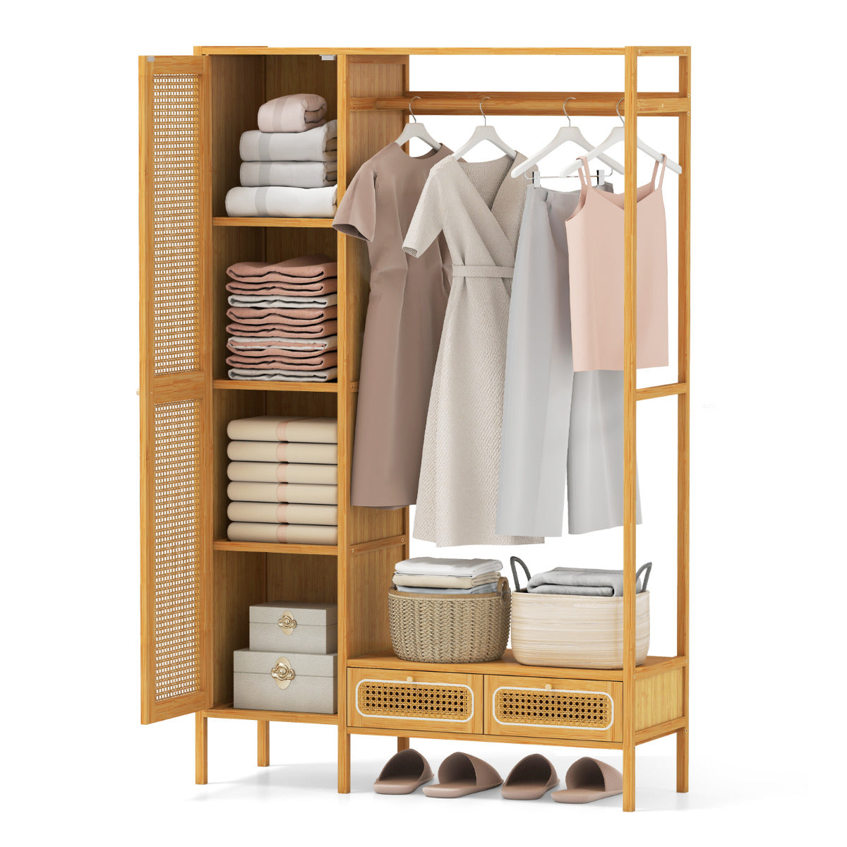 Bamboo Clothing Rack with Cabinet and Hanging Rod-Natural
