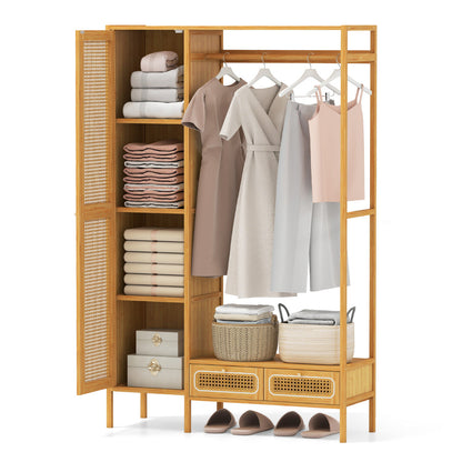 Bamboo Clothing Rack with Cabinet and Hanging Rod-Natural