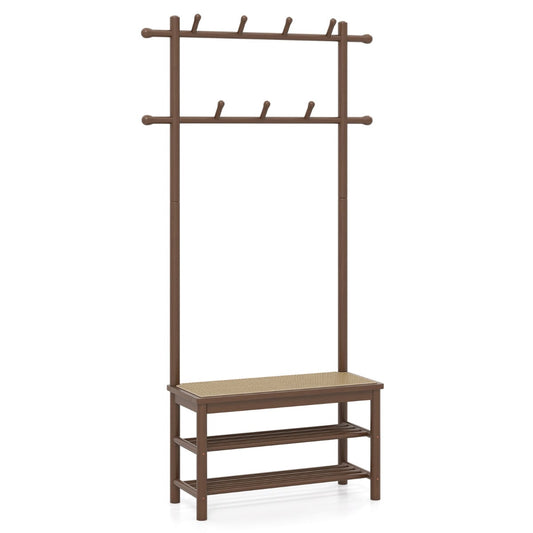 Bamboo Coat Rack PE Rattan Hall Tree with Bench and Shoe Storage-Brown