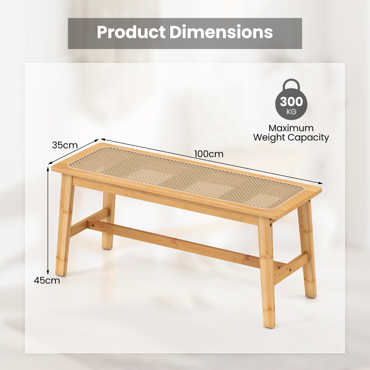 Bamboo Entryway Dining Bench with Handwoven Rattan Seat-Natural