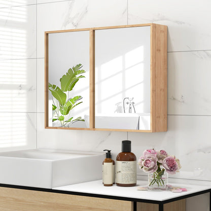 Bamboo Double Door Bathroom Wall Cabinet with Mirror and Adjustable Shelves-Natural