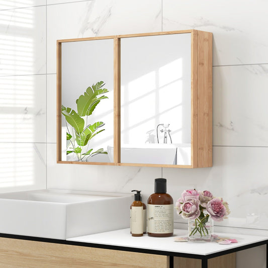 Bamboo Double Door Bathroom Wall Cabinet with Mirror and Adjustable Shelves-Natural