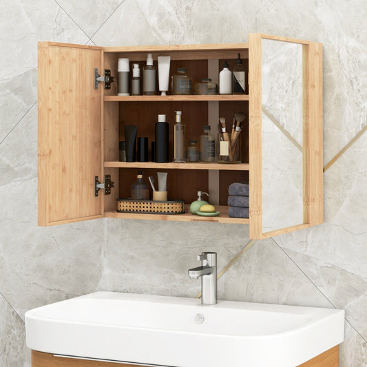 Bamboo Double Door Bathroom Wall Cabinet with Mirror and Adjustable Shelves-Natural
