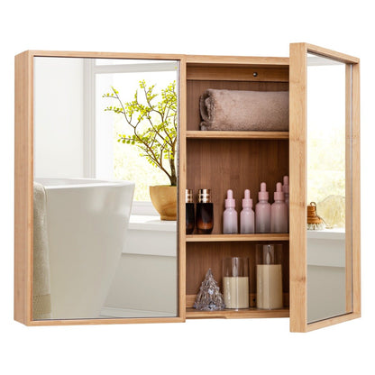 Bamboo Double Door Bathroom Wall Cabinet with Mirror and Adjustable Shelves-Natural