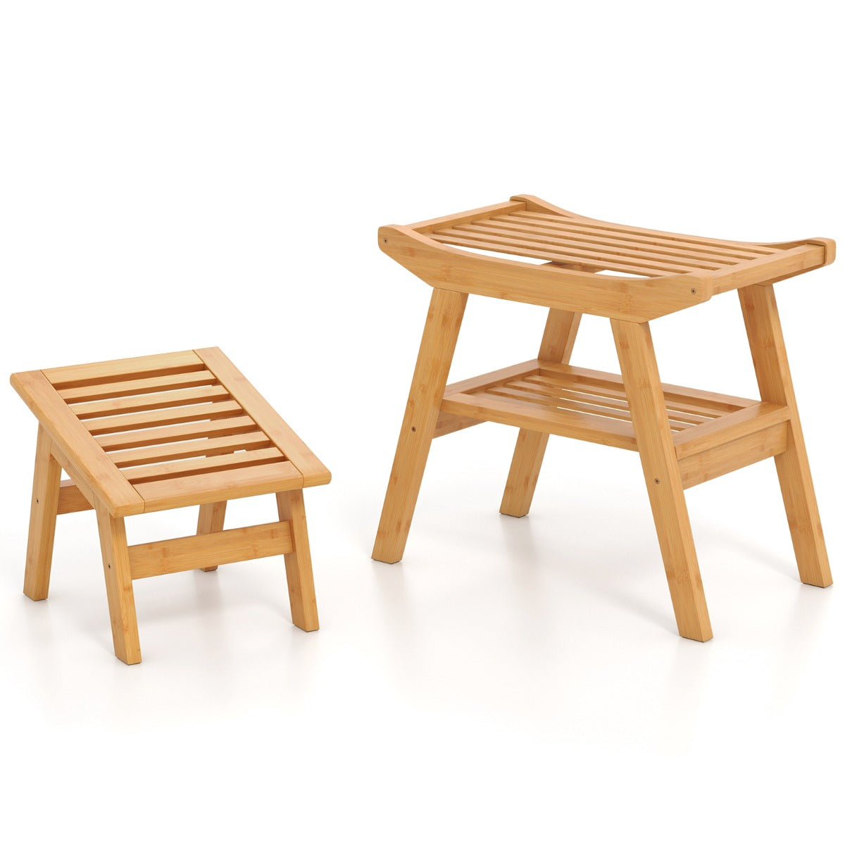 Bamboo Shower Bench Seat with Storage Shelf and Foot Rest-Natural