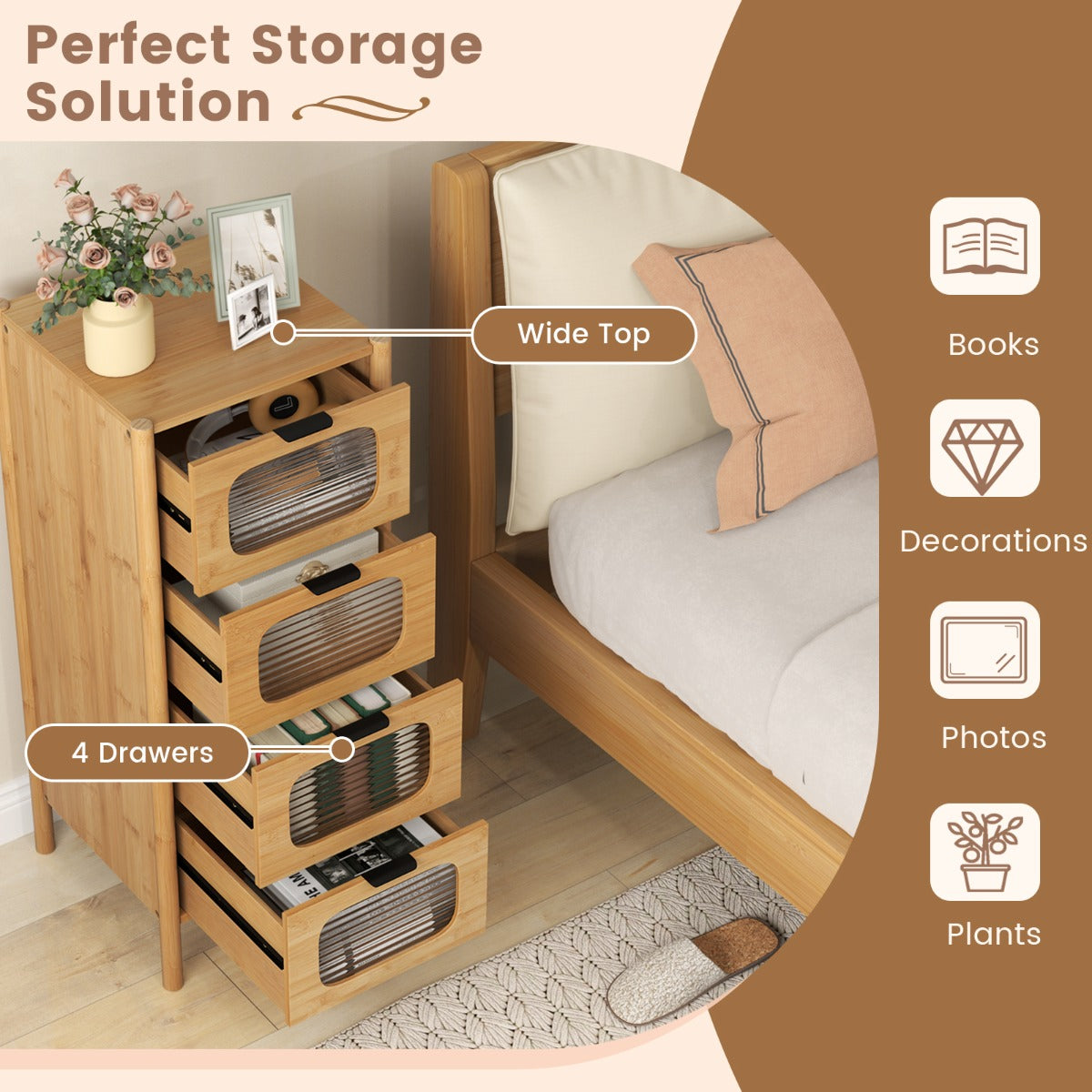 3/4-Drawer Bamboo Storage Cabinet with Fluted Tempered Glass Drawers-Natural-4-Tier