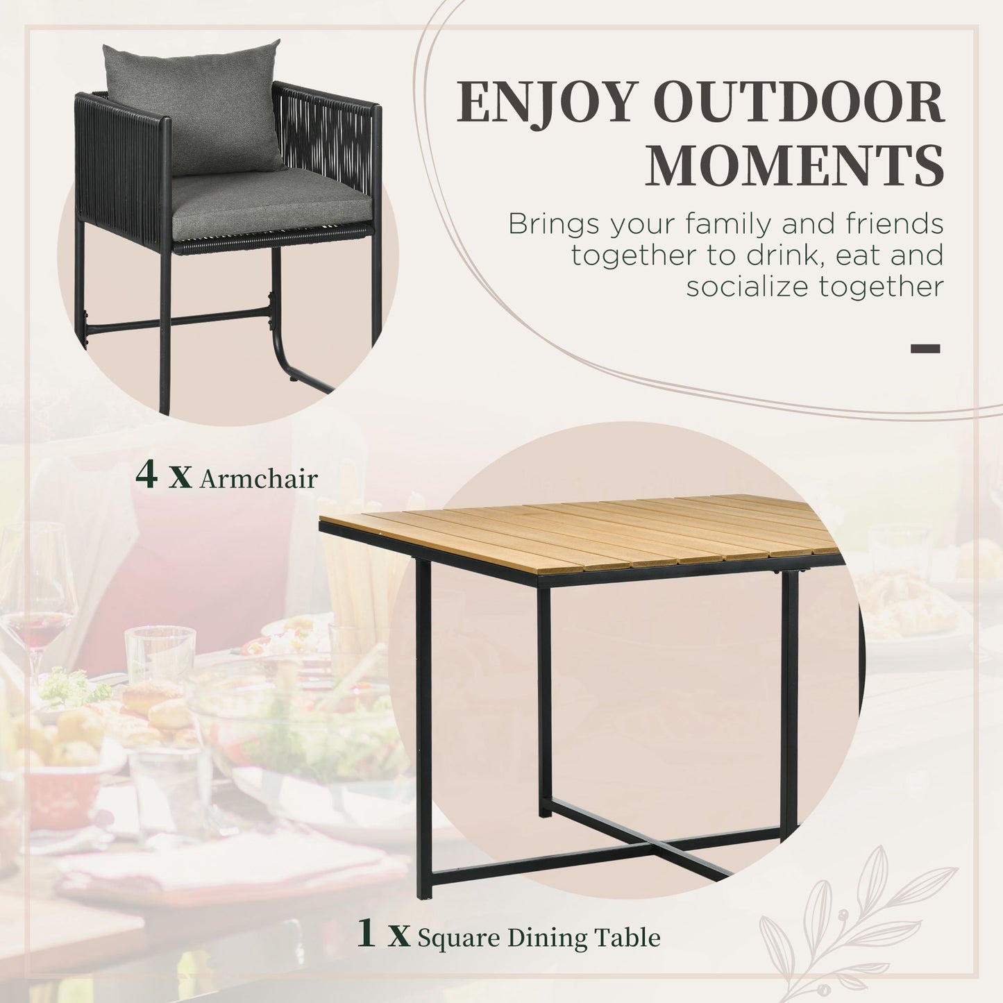 Zestaw mebli ogrodowych Outsunny 4 Seater Rattan Cube, zestaw jadalny z rattanu z poduszkami, stół jadalny i krzesła zewnętrzne z prostokątnym blatem z tworzywa sztucznego o strukturze drewna na patio, balkon, czarny