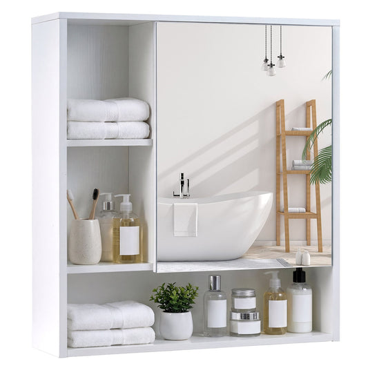 Bathroom Wall Mirror Cabinet with Single Door and 3 Open Shelves-White