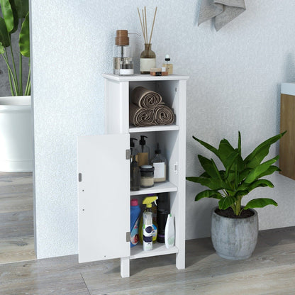 Freestanding Narrow Bathroom Storage Organizer Rack Stand with Door and Adjustable Shelf-White